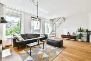 Nice living room with black sofa